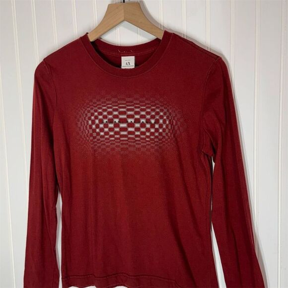 Vintage Armani Exchange Long Sleeve Tee M Red Logo Checker Y2K USA Made - Picture 6 of 10